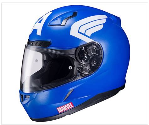 It lacks helmet wings, and downplays the midsection stripes. Captain America Motorcycle Helmets