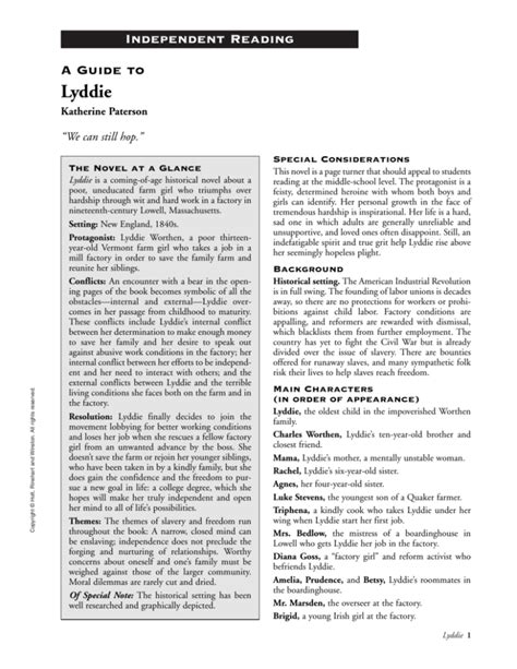 Independent Reading A Guide To Lyddie