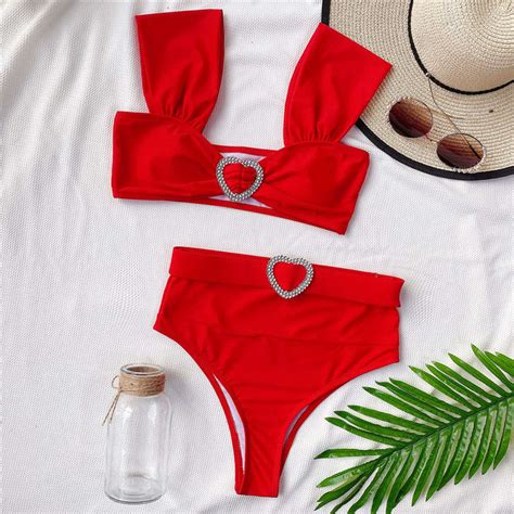 S L Women Sexy Solid Color High Waist Two Piece Swimwear