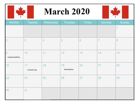 March 2020 Holidays Calendar