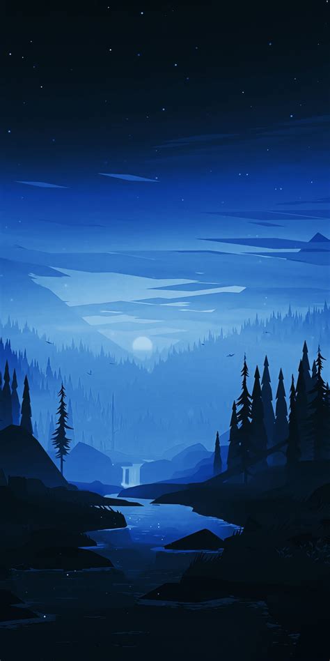 Dark Night River Forest Minimal Art 1080x2160 Wallpaper