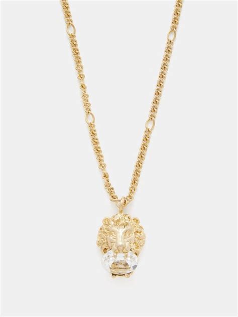 Gucci Lion Head Crystal Embellished Necklace Gold Editorialist