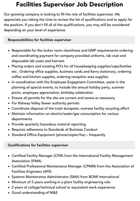 Facilities Supervisor Job Description Velvet Jobs