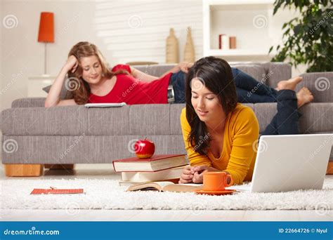 Teenage Girls Studying At Home Stock Photo Image Of Beautiful Color