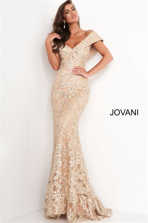 Jovani 02923 Gold Embellished Lace Fitted Dress Lace Evening Gowns