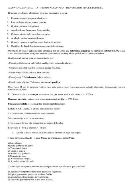 16 Exercícios De Adjunto Adverbial Com Gabarito 8 Ano Free Foto Ideas