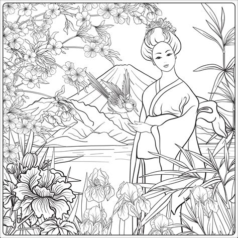 Japanese Landscape With Mount Fuji And Japanese Woman Japan Adult Coloring Pages Page Return