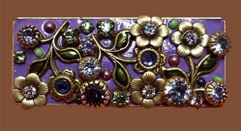 Purple Enameled Backrgound Flower Garden Brooch Decorated With Crystals Kaleidoscope Effect