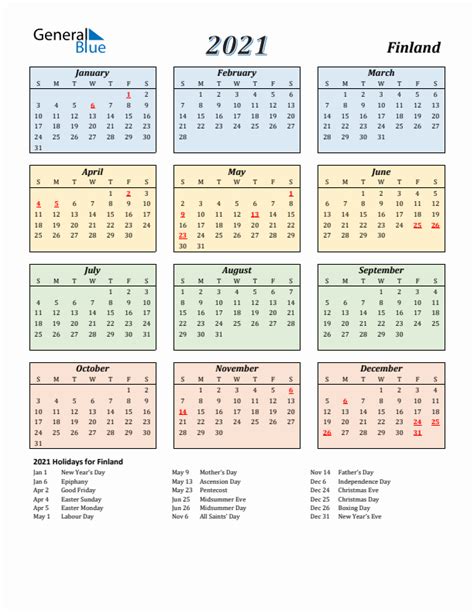2021 Finland Calendar With Holidays