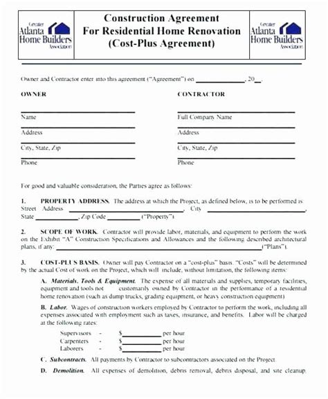 Contract For Construction Work Template Fresh Residential