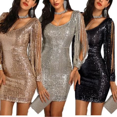 Glitzy Glam Sequin Tassel Long Sleeve Dress Evening Mini Dresses Evening Dress Fashion Maxi
