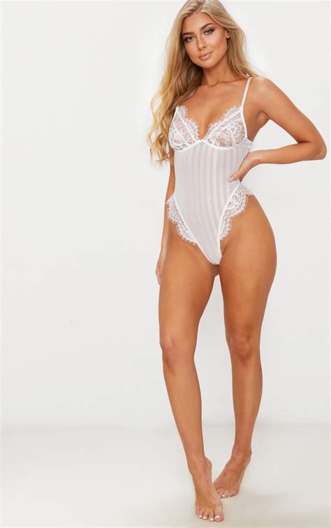 White Striped Lace Bodysuit Lingerie Prettylittlething Usa