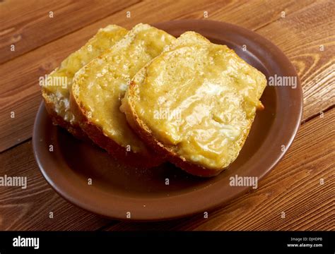 Welsh Rarebit Toasted Bread With Melted Cheddar Cheese Stock Photo