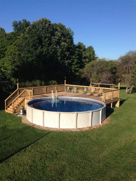What is a ground level deck? Above ground pool deck for 24 ft round pool. Deck is 28x28 ...