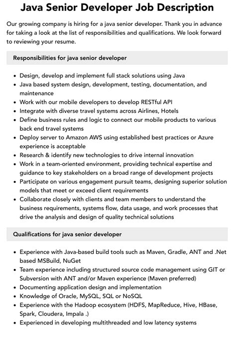 Java Senior Developer Job Description Velvet Jobs