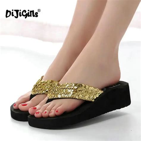 dijigirls women s flip flop women girls sequin flatform female wedge beach sandals slippers with