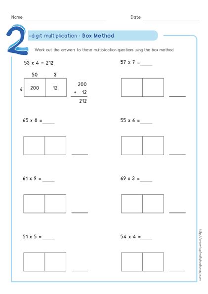 Multiply and find the area! Box method multiplication 2-digit numbers worksheets PDF ...