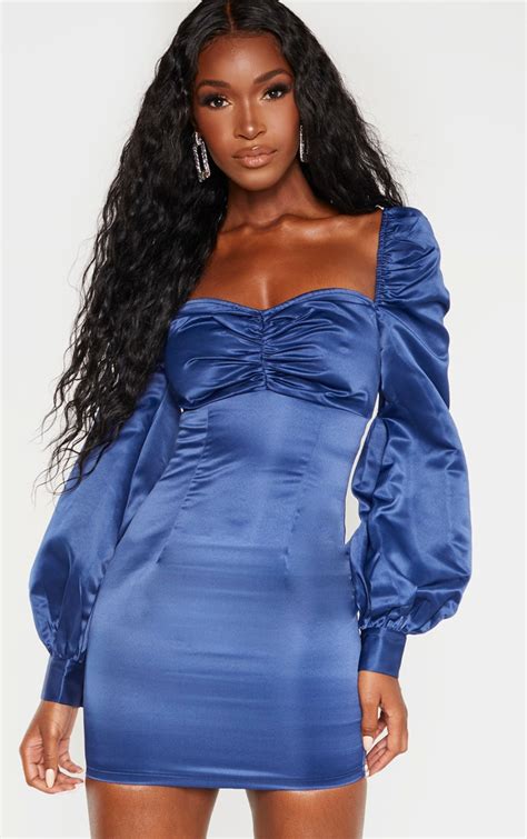 Midnight Blue Satin Ruched Bust Bodycon Dress Yamba Ebay Popular Womens Clothing Stores