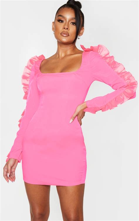 Hot Pink Satin Ruffle Detail Bodycon Dress Prettylittlething