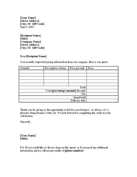 Use this coveted space to demonstrate your experience, knowledge, and performance. Letter with price quote on goods for existing customer ...