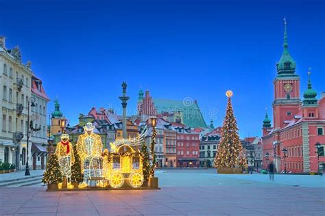 Christmas Decorations And Royal Castle In The Warsaw Old Town Poland