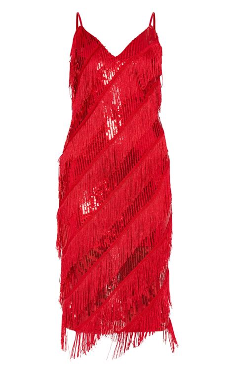 Red Sequin Tassel Strappy Midi Dress Prettylittlething