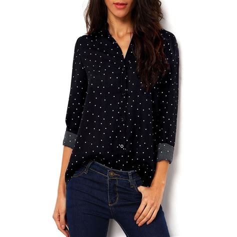 women summer classic clothing black polka dot blouses with buttons shirts v neck long sleeve
