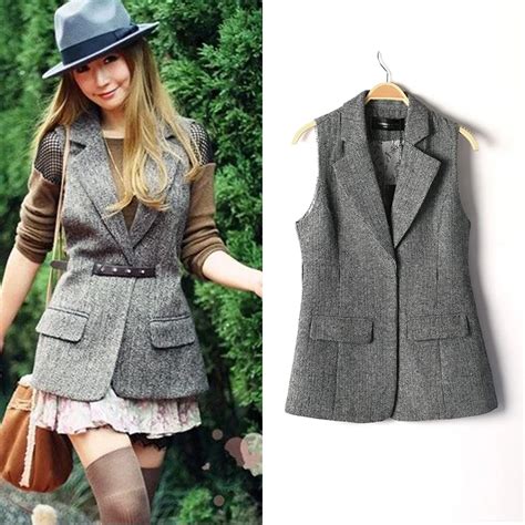 British Style Plus Size Autumn And Spring Slim Woolen Suit Vest Women Herringbone Waistcoat In