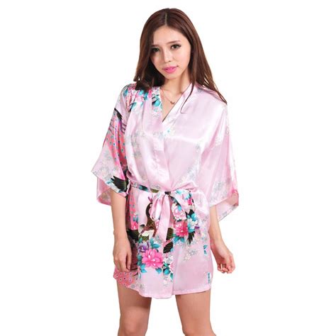 Sexy Mini Pink Chinese Traditional Women Silk Robe Novelty Kimono Yukata Pajamas Printed