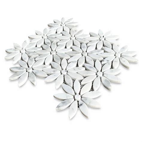 Premium carrara white marble daisy pattern pieces mounted on 12x12 sturdy mesh tile sheet 5/16 thickness; Carrara White Daisy Field Flower Waterjet Mosaic Tile ...