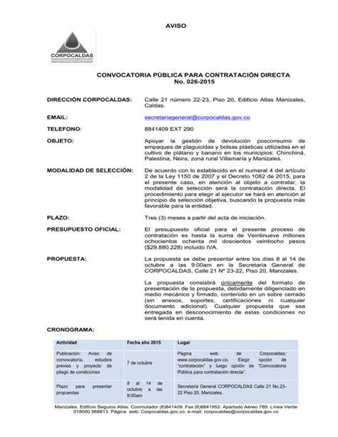 Aviso Convocatoria P Blica Para Contrataci N Directa No