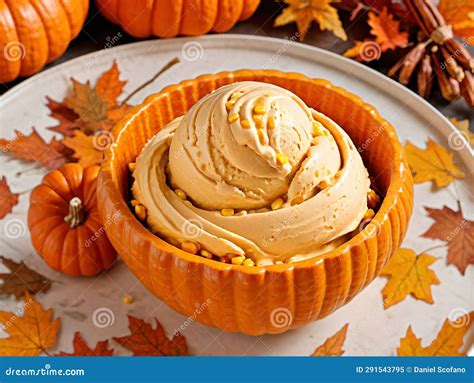 A Pumpkin Shaped Bowl Filled with a Scoop of Ice Cream. Generative AI