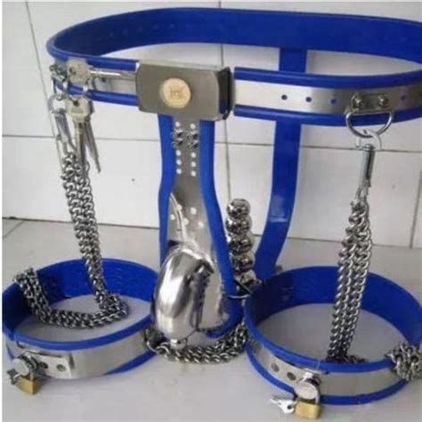 Male Chastity Belt Device Blue Black Stainless Steel Cage Thigh Bands