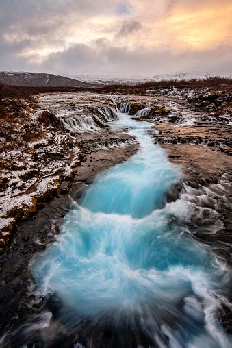 Beautiful Bruarfoss Waterfall With Turquoise Water In Iceland Stock