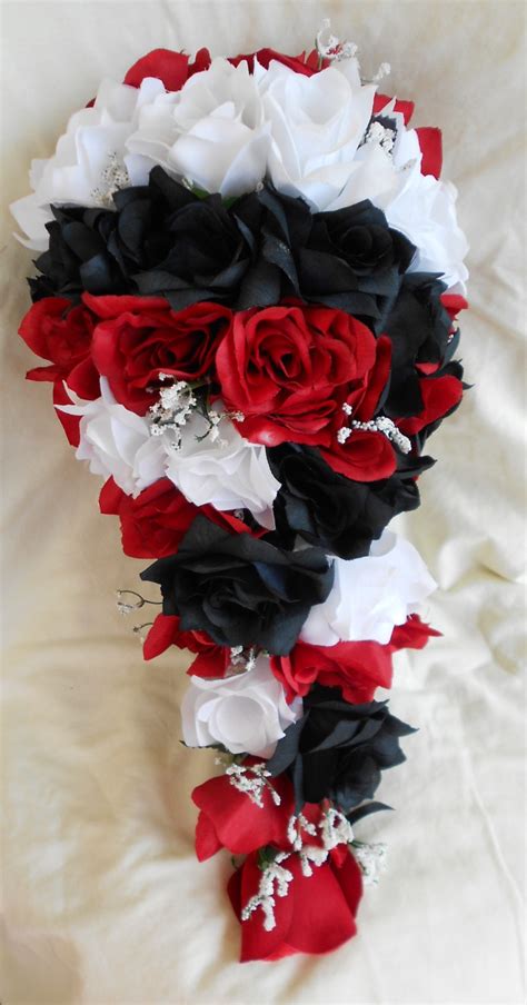 Silk Black Red And White Cascade Wedding Bouquet Groom