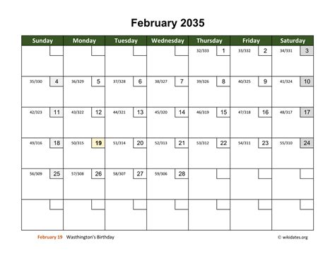 February 2035 Calendar With Day Numbers