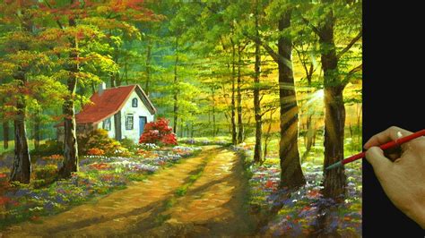 Acrylic Landscape Painting In Time Lapse House In Colorful Forest