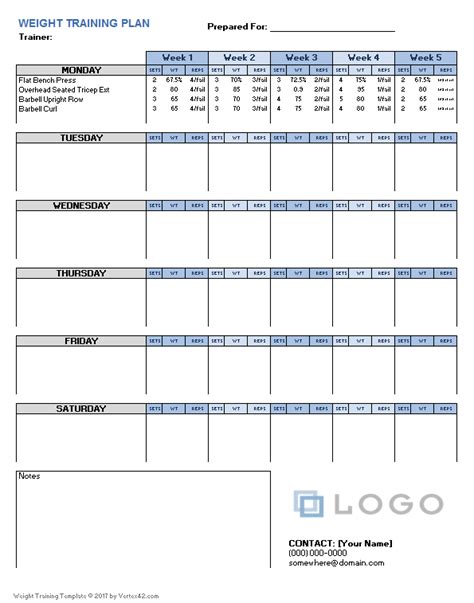 Weight Training Plan Template for Excel