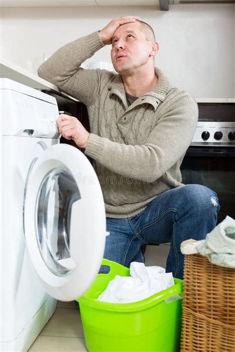 Sad Guy Using Washing Machine Stock Image Image Of Handsome Smiling