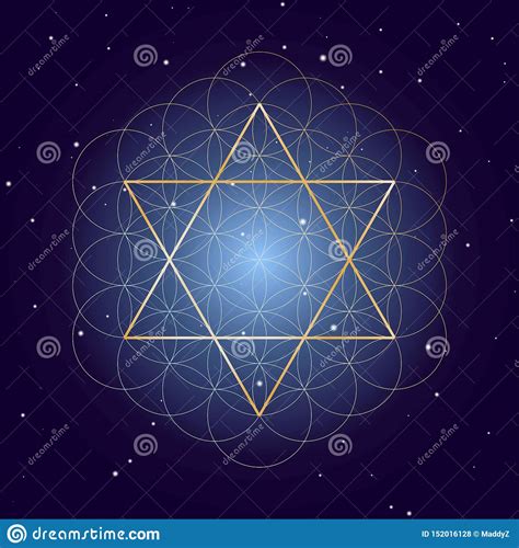 David Star With Flower Of Life On Starry Sky Background Symbols Of