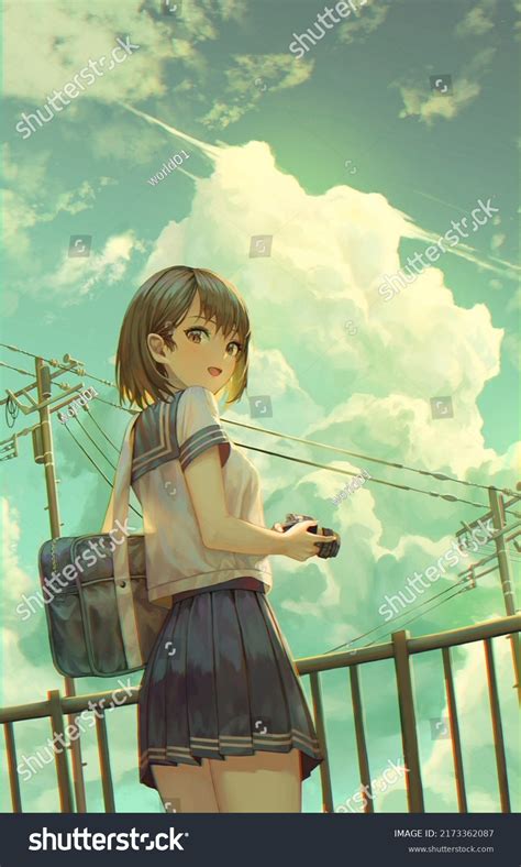 Beautiful Anime Girl Short Hair Hd Stock Illustration 2173362087