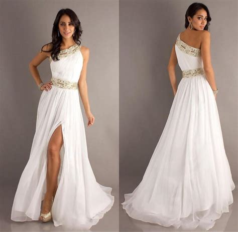 2015 New Arrival Sexy Long White Prom Party Dresses One Shoulder Side Slit Crystal Beaded Gold