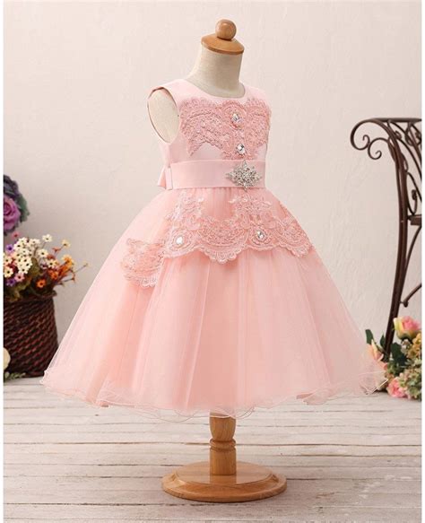 Cute Pink Short Lace Tulle Flower Girl Dress For Crystal