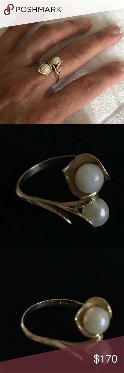 Estate 14K Yellow Gold 2 Pearls Ring Size 7 Pearl Ring 14k Yellow