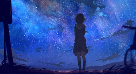 Download 600x800 Anime Girl Stars Scenic Space Back View School