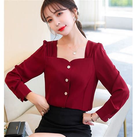 Red Retro Women Blouse Spring Autumn Long Sleeved Square Collar Casual