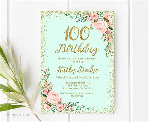 100th Birthday Invitation Floral Birthday Invitation Any Age Etsy Uk