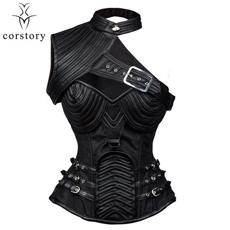 Corstory Vintage Gothic Black Leather Armor Steampunk Ovebrust Corsets