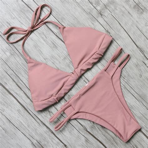 Solid Swimwear Women Sexy Push Up Bikini Pink Bikini Set Halter Bandage