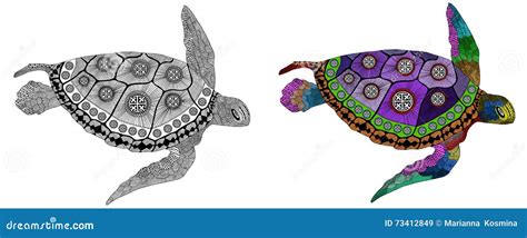 Zentangle Stylized Color And Black Turtle Stock Illustration